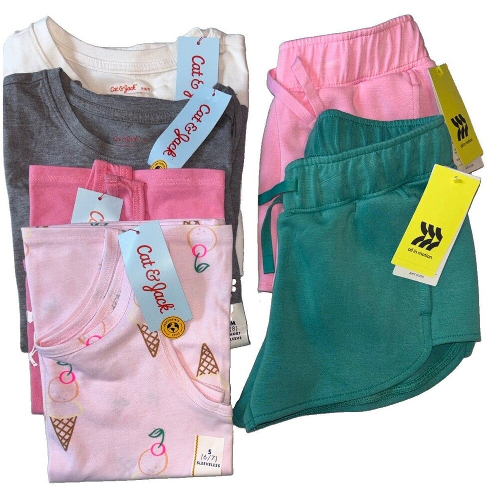 Cat & Jack All In Motion Girl’s 6pc Clothing Lot Sz 6/7 NWT Tanks Tees Shorts